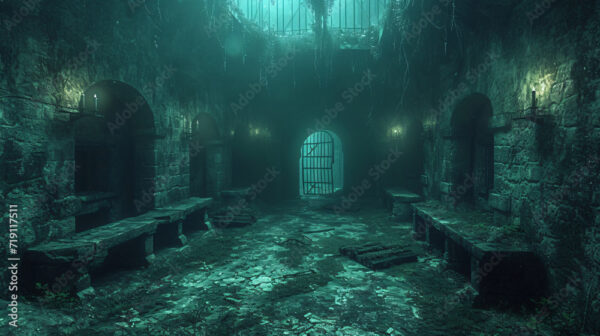 Underground old medieval dungeon jail cells, fantasy aventure tabletop