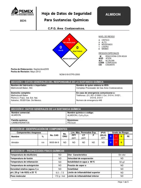 Hoja de Seguridad Almidon